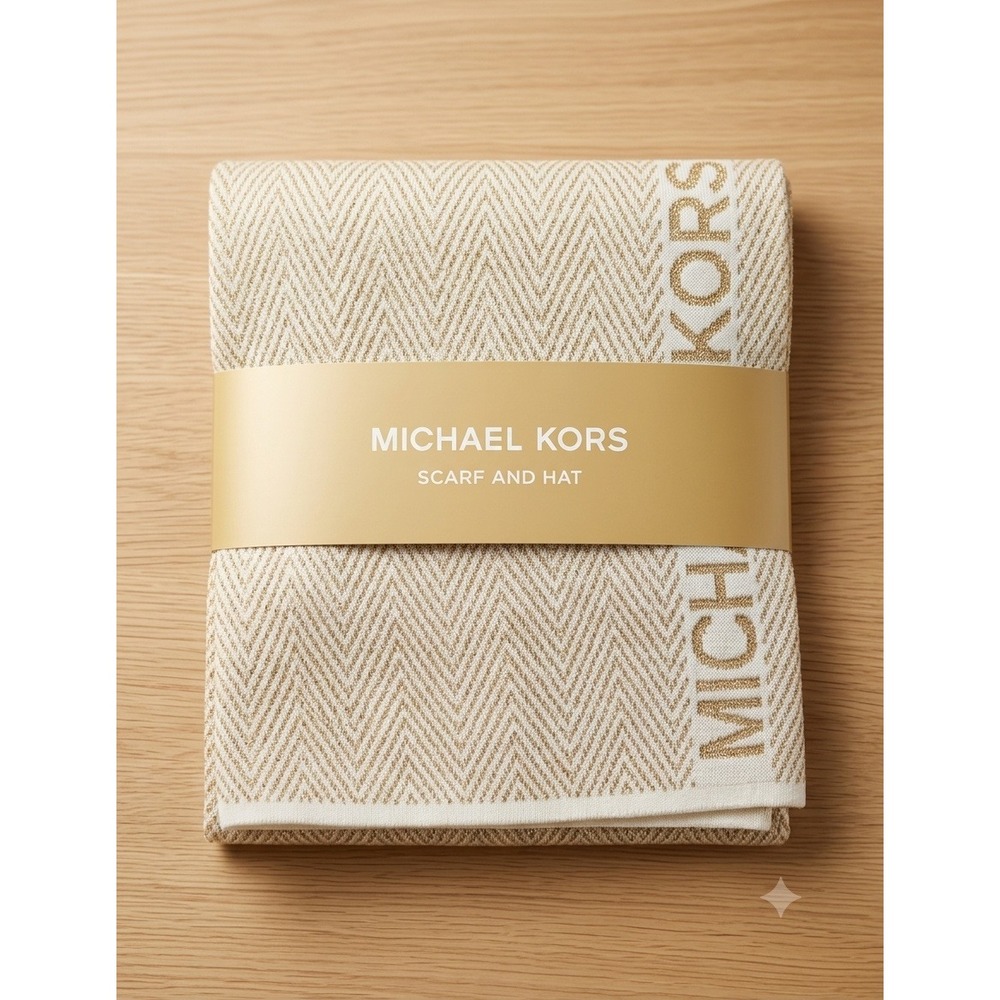 Michael Kors Scarf and Hat Set Womens OS Cream Gold NEW